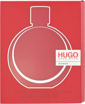 Czerwone pudełko Hugo Boss Woman 50ml, Eau de Parfum. Z przodu biały kontur butelki i logo.