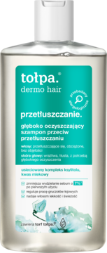 Przejrzysta butelka szamponu Tołpa. Dermo Hair głęboko oczyszczającego przeciw przetłuszczaniu, z tealową etykietą.