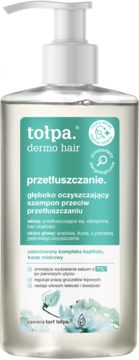Tołpa Dermo Hair szampon na przetłuszczanie, przezroczysta butelka z białą pompką i turkusową etykietą.