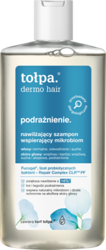 Tołpa dermo hair szampon nawilżający na podrażnioną skórę, wspierający mikrobiom. Przeźroczysta butelka, widok z przodu.