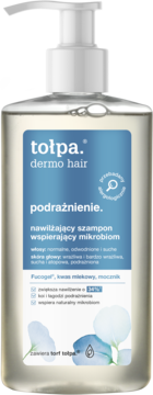 Tołpa dermo hair nawilżający szampon do skóry podrażnionej w przezroczystej butelce z białą pompką, widok z przodu.