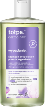 Tolpa Dermo Hair szampon przeciw wypadaniu włosów z proteinami baobabu, fioletowa etykieta, widok z przodu butelki.