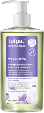 Tołpa Dermo Hair szampon przeciw wypadaniu włosów. Przezroczysta butelka z pompką, fioletowa etykieta, widok z przodu.