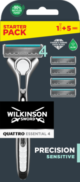 Wilkinson Sword Quattro Essential 4 Sensitive starter pack, dark grey packaging, front view with razor and 5 blades.