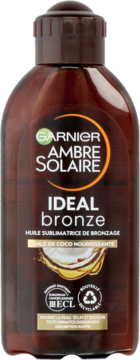 Garnier Ambre Solaire Ideal Bronze, olejek do opalania z kokosem, odżywcza formuła, brązowa butelka, widok z przodu.