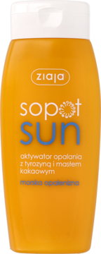 Ziaja Sopot Sun aktywator opalania z tyrozyną i masłem kakaowym, pomarańczowa butelka z białym korkiem, widok z przodu.