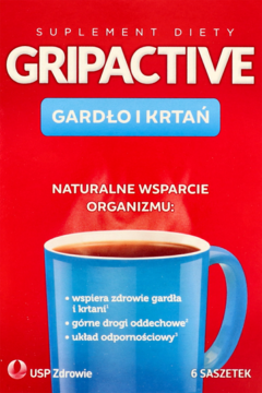 Czerwone opakowanie suplementu Gripactive Gardło i Krtań z niebieskim kubkiem, widok z przodu.