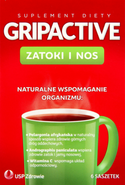 Czerwone opakowanie Gripactive Zatoki i Nos z zielonym kubkiem, suplement diety na drogi oddechowe.