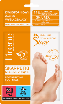 Lirene Skarpetki Regenerujące: dwuetapowy zabieg z peelingiem i maską. Pomarańczowo-białe opakowanie, gładkie stopy.