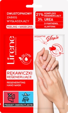 Lirene Regenerujące Rękawiczki, 2-etapowa maska do rąk z peelingiem i mocznikiem, w czerwono-białej saszetce z dłońmi.