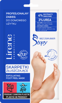 Lirene Skarpetki Złuszczające, biało-niebieskie opakowanie, z grafiką stóp i tekstem "Exfoliating Foot Peel Mask, 4% ekstrakty owocowe".