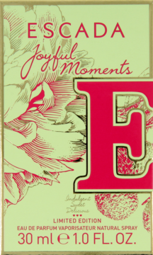 Złoto-zielone pudełko perfum Escada Joyful Moments 30ml z dużym różowym E i różowymi kwiatami, widok z przodu.