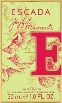 Escada Joyful Moments EDP 30 ml, żółto-różowe pudełko z kwiatowym wzorem i dużą literą E, widok z przodu.
