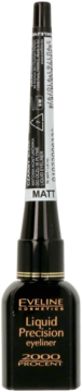 Eveline Liquid Precision eyeliner 2000 PROCENT MATT w czarnej butelce ze złotymi napisami, widok z przodu.