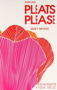 Front biało-czerwonego pudełka Issey Miyake Pleats Please, woda toaletowa, z falistym różowo-czerwonym wzorem.