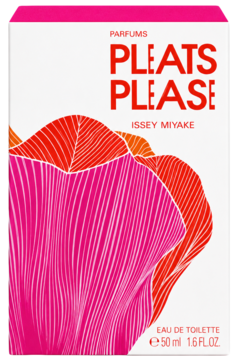 Issey Miyake Pleats Please woda toaletowa 50ml, białe opakowanie z różowo-pomarańczowym wzorem imitującym plisowanie.