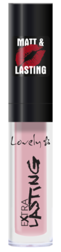 Jasnoróżowa, matowa pomadka Lovely Extra Lasting w tubce z czarną zakrętką Matt & Lasting, widok z przodu.