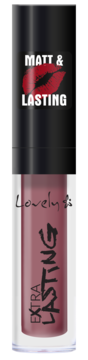 Matowa pomadka w płynie Extra Lasting, odcień brudnego różu. Czarna nakrętka z czerwonym logo ust, napisem MATT & LASTING. Widok z przodu.