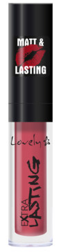 Ciemnoróżowa matowa pomadka Lovely Extra Lasting w przezroczystej tubce z czarną nakrętką 'Matt & Lasting'.