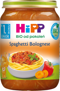 HiPP BIO Spaghetti Bolognese Junior w szklanym słoiczku. Pomarańczowa etykieta z daniem i logo, widok z przodu.