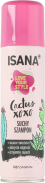 Isana suchy szampon Cactus XOXO, różowa butelka z grafiką zielonych i turkusowych kaktusów, widok z przodu.