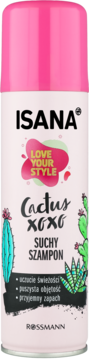 Isana Love Your Style Cactus xoxo Suchy Szampon w różowo-białej puszce, widok z przodu.