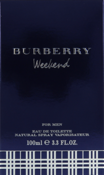 Granatowe pudełko Burberry Weekend for Men EDT 100ml, widok z przodu, srebrne logo i kratka u dołu.