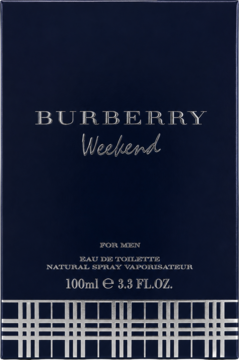 Burberry Weekend cytrusowa woda toaletowa dla mężczyzn, granatowe opakowanie z srebrnym logo, widok z przodu.