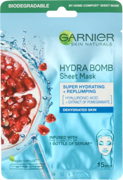 Garnier Hydra Bomb Sheet Mask, jasnoniebieska saszetka z granatem i wodą, dla skóry odwodnionej, widok z przodu.