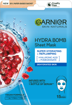 Niebieska saszetka Garnier Hydra Bomb Sheet Mask, super nawilżająca, z granatem i kwasem hialuronowym, front, 15min.