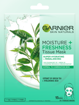 Garnier Moisture+Freshness Tissue Mask, super nawilżająca z zieloną herbatą, jasnozielono-białe opakowanie, widok z przodu.