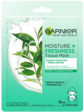 Garnier Skin Naturals Moisture+Freshness Tissue Mask, front, zielono-białe opakowanie, super nawilżająca z zieloną herbatą.