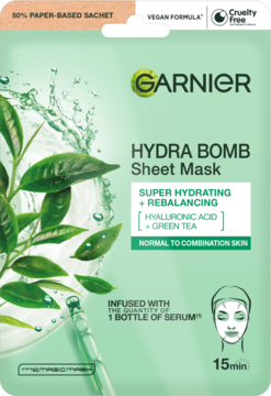 Zielono-beżowa maska w saszetce Garnier Hydra Bomb z zieloną herbatą do skóry normalnej i mieszanej, widok z przodu.