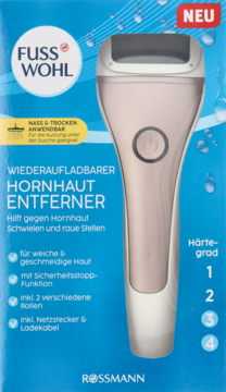 Fuss Wohl elektroniczny usuwacz zrogowaceń, beżowo-srebrne urządzenie w niebieskim pudełku, widok z przodu.