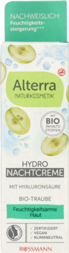 Alterra Hydro Nachtcreme BIO-Traube, białe pudełko z zielonym logo i grafiką winogron, widok z przodu.