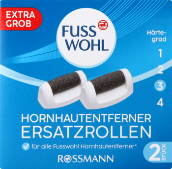 Fusswohl extra grube wymienne rolki do usuwania zrogowaceń, 2 szt., czarne z białymi uchwytami, w niebieskim pudełku.