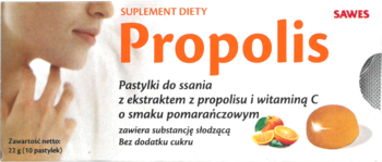 Białe opakowanie Propolis Sawes, suplementu diety. Pastylki z propolisem i witaminą C o smaku pomarańczowym. Widok z przodu.