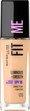 Beżowy podkład Maybelline Fit Me Luminous + Smooth SPF18 w butelce, z witaminą C, odcień 120, widok z przodu.