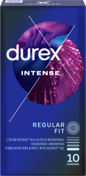 Opakowanie Durex Intense, ciemnoniebieskie, z napisami "10 condoms" i "stimulating ribs & dots", widok z przodu.
