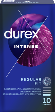 Opakowanie Durex Intense, ciemnoniebieskie, z napisami "10 condoms" i "stimulating ribs & dots", widok z przodu.