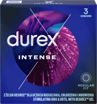 Durex Intense, ciemnofioletowe pudełko z 3 prezerwatywami z żelem Desirex i wypustkami, frontalne ujęcie.