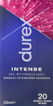 Frontowe opakowanie Durex Intense żelu stymulującego, ciemnoniebieskie z różową, świetlistą górą, 10ml, 20 aplikacji.