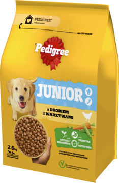 PEDIGREE Junior ,karma pełnoporcjowa sucha dla szczeniąt, drób z warzywami,przód