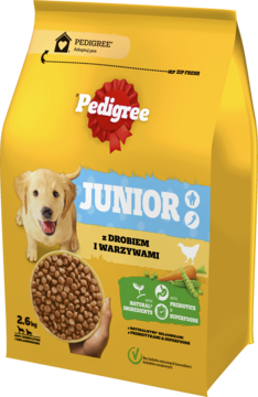 Pedigree Junior sucha karma z drobiem i warzywami 2.6kg. Żółta torba z szczeniakiem i granulkami, widok z przodu.