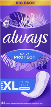 Fioletowe opakowanie wkładek Always Daily Protect XL Extra Long z Odour Lock, 44 sztuki, widok z przodu.