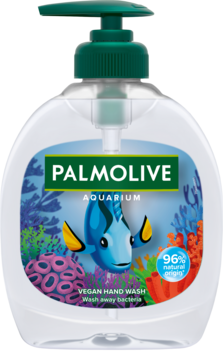 Palmolive Aquarium Vegan Hand Wash, okrągła butelka z zieloną pompką i etykietą z motywem podwodnym.