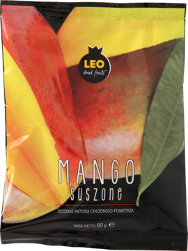 Czarne opakowanie LEO suszonych mango, z grafiką soczystych, barwnych plastrów owocu, widok z przodu.
