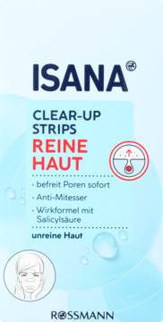 ISANA Clear-Up Strips na czystą skórę, z kwasem salicylowym, opakowanie pionowe, niebiesko-białe.
