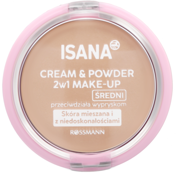 Różowy kompaktowy podkład ISANA 2w1 Cream & Powder, średni odcień, do skóry mieszanej, widok z góry.