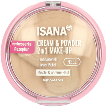 Isana Cream & Powder 2in1 Make-up, jasny odcień, różowa puderniczka, widok z góry, do cery trądzikowej.